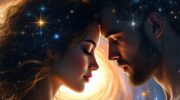 Женщина в объятиях мужчины, показанные как космическая метафора семьи и любви.